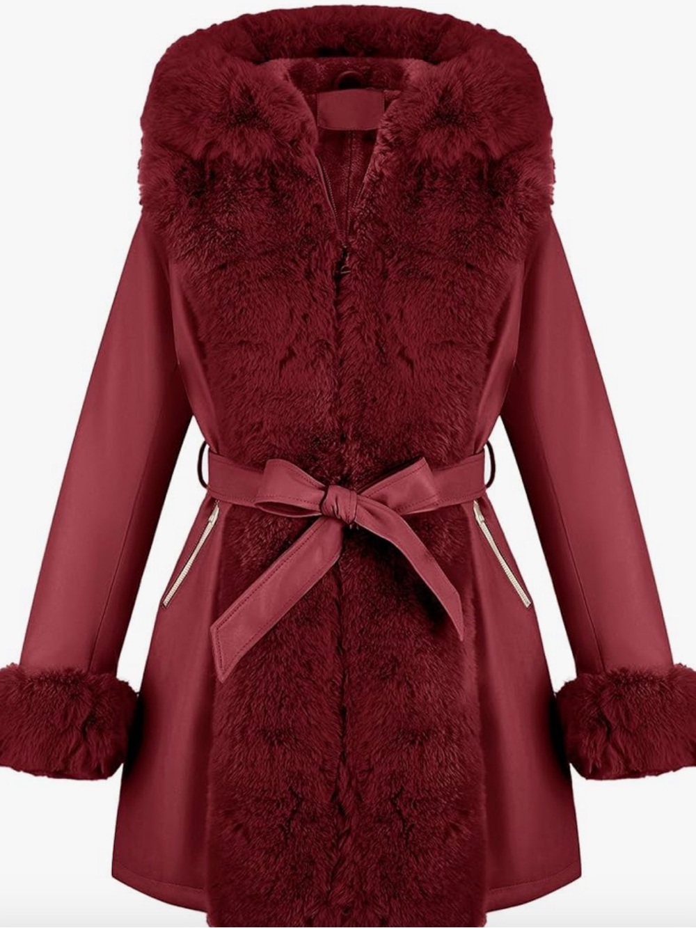 Amazon Women's Faux Fur Trim Hooded Trench Coat - Burgundy